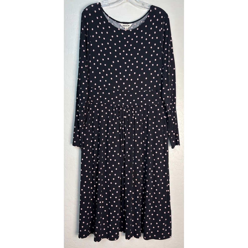 NEW Boden Polka Dot Long Sleeve Jersey Midi Dress Black Pink Womens 14L‎ 2358